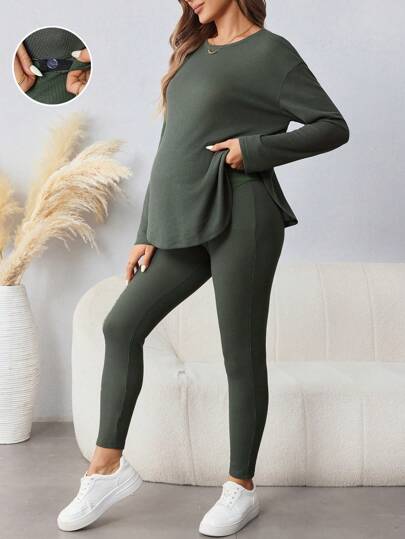 SHEIN Maternity Casual/Office Solid Color Round Neck Loose Long Sleeve T-Shirt And Pants Set