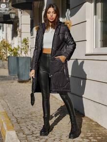 EURMUSE Fuzzy Trim Hooded Puffer Coat - Black - View 4
