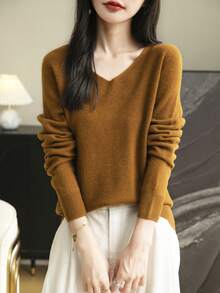 女士 100% 美利奴羊毛毛衣 单线无缝毛衣 女士 V 领毛衣 秋冬长袖柔软针织套头衫
