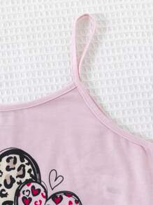 SHEIN Conjunto casual de verano de 3 piezas para adolescente: camisola estampada con corazones y leopardo, pantalones rectos y ropa de dormir ignífuga