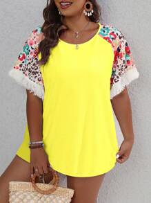 Breezaya Plus Size Solid Color Patchwork Fringe Short Sleeve T-Shirt, Casual & Vacation