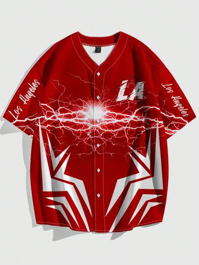 Camicia estiva casual da uomo con stampa fulmini, geometrica e lettera