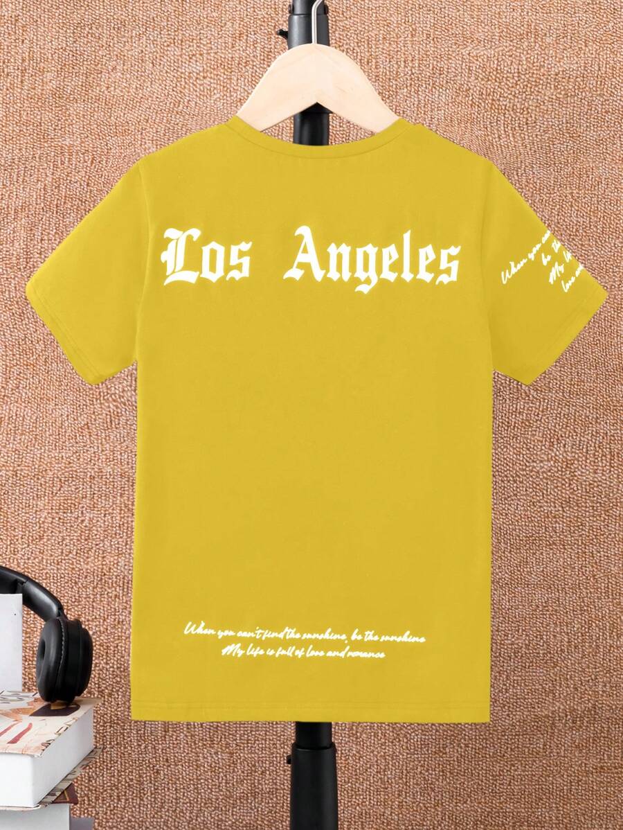 SHEIN Tween Boy's Short Sleeve Black T-Shirt With Letter Print - Yellow - View 1