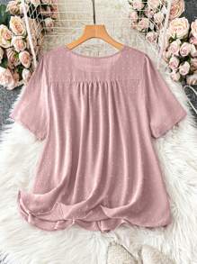 Plus Swiss Dot Guipure Lace Insert Blouse For Summer