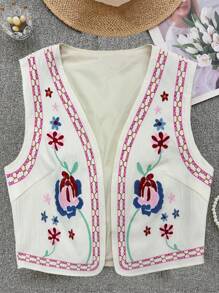Breezaya 花卉刺繡翻蓋背心外套，適合日常穿著 - 杏色 - 查看 1