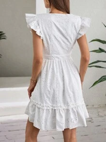SHEIN Cottnline VCAY Collar V Neck Eyelet Embroidery Ruffle Trim Hem And Ruffle Sleeve Summer Dress - White - View 2