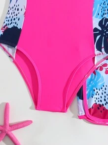 SHEIN Tween Girl Swimsuit/One-Piece Swimsuit/Printed With Ruffles/ 2pcs Set - Multicolor - View 5