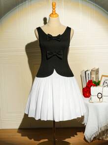 Teen Girls' Bowknot Sleeveless Patchwork Summer Dress - Black and White - View 1