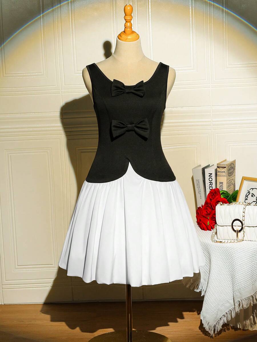 Teen Girls' Bowknot Sleeveless Patchwork Summer Dress - Black and White - View 1