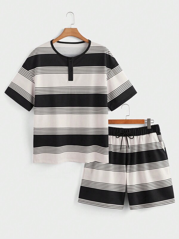 Manfinity Homme Conjunto de camiseta de manga corta con cuello redondo y pantalones cortos para hombre con rayas y estampado de bloques de color