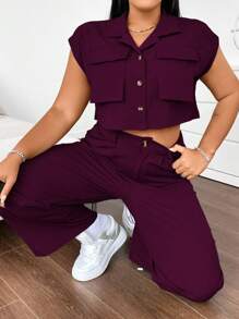 Flirla Conjunto de talla grande de camisa holgada sin mangas con múltiples bolsillos y pantalones casuales tipo cargo de 2 piezas