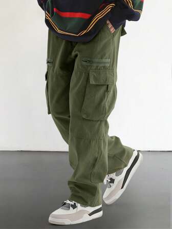 Loose Fit Men's Cargo Pants With Flap And Side Pockets, Fall