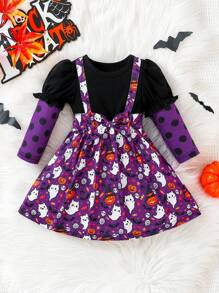 Váy dài tay họa tiết hoạt hình màu tím Halloween thanh lịch tuyệt đẹp hàng ngày/thường ngày/lễ hội cho bé gái, mùa thu/đông, dự tiệc Halloween - Nhiều màu - Xem 1