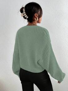 Chiquease Áo len chui đầu cổ tròn màu trơn đơn giản, thích hợp mặc hàng ngày, áo len dệt kim mùa thu đông. - màu xanh lá - Xem 2
