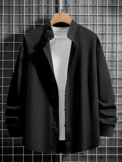 Manfinity Homme 男士宽松纯色立领长袖衬衫，秋季