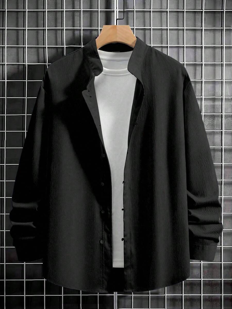 Manfinity Homme Men's Loose Fit Solid Color Stand Collar Long Sleeve Shirt, For Fall - Black - View 1