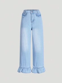 Quần jeans ống rộng cho bé gái tuổi teen với họa tiết nụ hoa cổ điển và gấu quần xếp ly kiểu Hàn Quốc, dáng rộng thoải mái, phù hợp cho mọi mùa. - Rửa trung bình - Xem 1