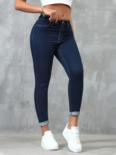 SHEIN Essnce Solid Color Skinny Jeans With Pockets