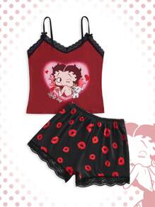 Betty Boop | ROMWE 女士卡通人物印花撞色蕾丝舒适休闲吊带背心和短裤睡衣套装，学校 - 粉色 - 查看 1