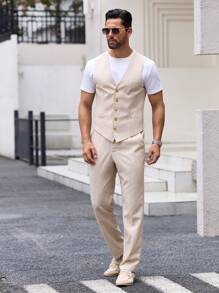 Manfinity VCAY Men's 3pcs Woven Casual Suit Jacket Set For Spring And Autumn - Apricot - View 6