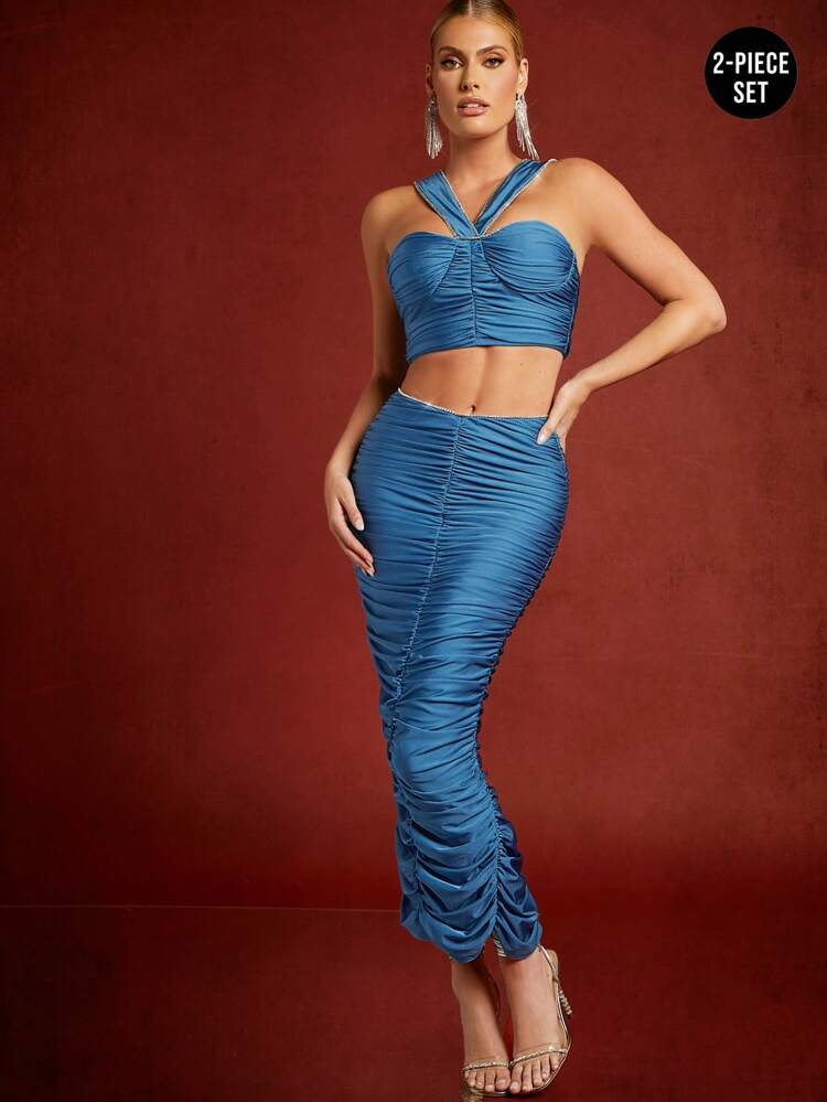 Rhinestone Ruched Crop Top & Skirt Two Pieces Set