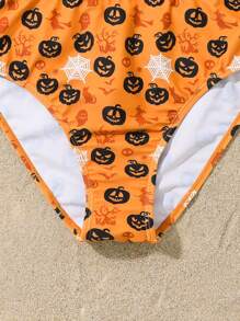 Teen Girls' Pumpkin Print Simple Style Daily Swimwear Set - Multicolor - View 4