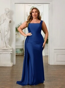 SHEIN Belle Two-Wearing Elegant Fish Tail Plus Size Evening Dress With High Side Slit (Heavy Work Edition) Formal Wedding Guest Gown, For Graduation, Dinner - Royal Blue - View 4