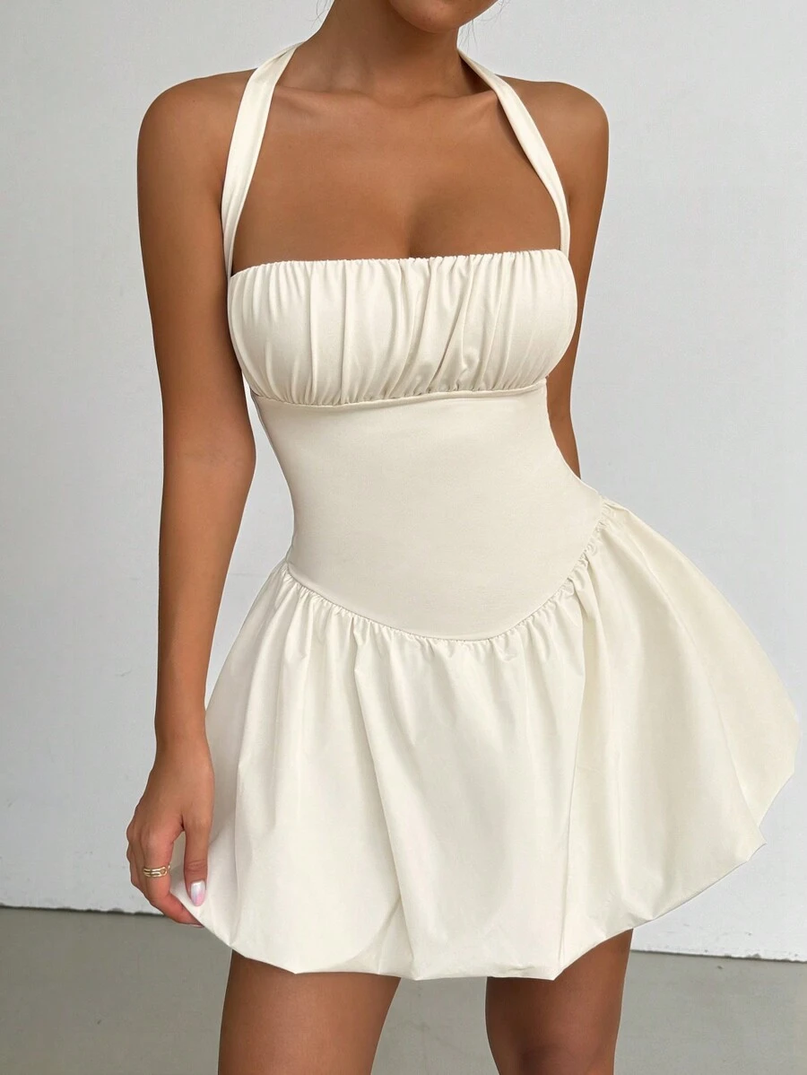 SHEIN Unity 泡泡花卉露背連衣裙 - 米色 - 查看 1