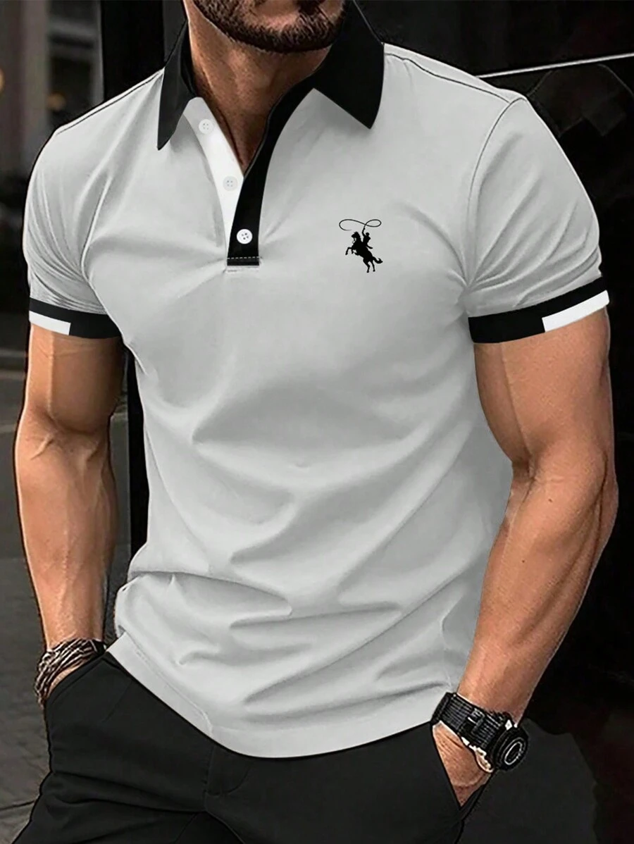 Manfinity Mode Men's Summer Knight Printed Short Sleeve Casual Commute Polo Shirt - Light Grey - View 1