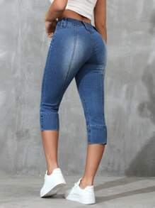 SHEIN EZwear 斜口袋修身腳踝七分牛仔褲，適合日常穿著 - 中等水洗藍 - 查看 3