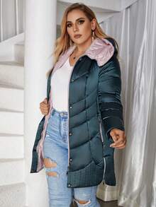 Astrid Plus Size Winter Hooded Button Pocket Slim Fit Casual Warm Jacket - Green - View 5