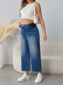 SHEIN Maternity Loose Fit Denim Capri Pants, Blue Jeans - Dark Wash - View 4