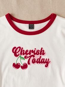 SHEIN EZwear Cherry & Letter Graphic Contrast Binding Crop Tee