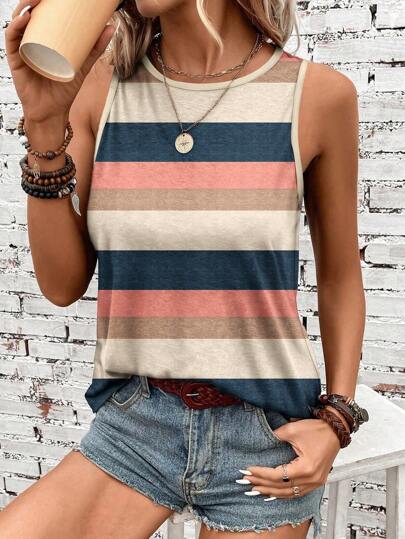 SHEIN LUNE Women's Colorful Striped Casual Tank Top For Summer Back To School