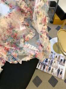 Franclia Women's Floral Print Mesh Long Sleeve Shirt With Ruffle Trim, Perfect For Vacation Fall Cloth For Women - Beige - View 4