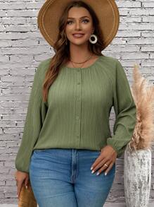 EMERY ROSE Blusa con botones al frente de manga larga en tela lisa para uso diario (tallas grandes)