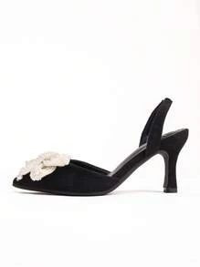 Jesień/Zima 2025 Damskie białe sandały na obcasie z kokardą i sztucznymi perłami, eleganckie czarne sandały na walentynki, eleganckie, damskie czółenka, eleganckie, stroje imprezowe - Czarne - Zobacz 7