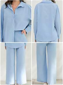 SHEIN Cottnline Blue Two Pieces Blue Shirt And Palazzo Pant - Blue - View 8