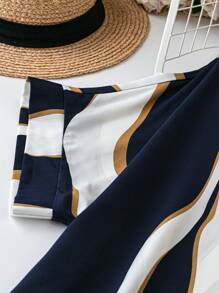 大码女式条纹印花短袖缺口领连衣裙，适合夏季