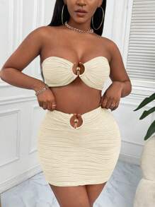 SHEIN SXY Bộ 2 chiếc nhẫn tròn xếp li hở lưng và họa tiết váy thường ngày thời trang rộng rãi - Màu be - Xem 4