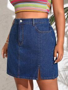 SHEIN VCAY Plus Size Denim Mini Skirt Without Elasticity - Medium Wash - View 6