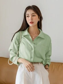 DAZY Drop Shoulder Pocket Patched Shirt - Green - View 5