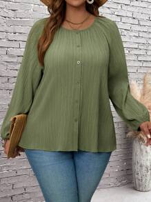 EMERY ROSE Blusa con botones al frente de manga larga en tela lisa para uso diario (tallas grandes)