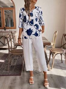 EMERY ROSE Women's Floral Printed Shirt And Seven-Quarter Pants Set - White - View 3