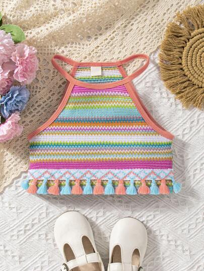 SHEIN Young Girl Summer Rainbow Woven Strap Tank Top, Suitable For Daily Wear, Festivals And Vacations