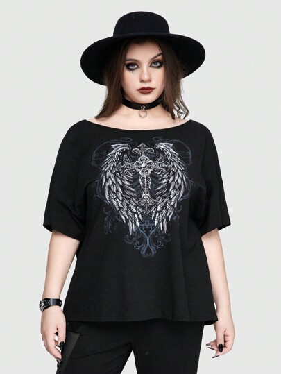 Goth T-shirt ample (grande taille) avec col bateau et dos nu, imprimé Punk Cross & Wing avec strass embellis, tee-shirt graphique