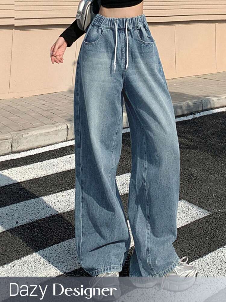 Women Drawstring Waist Wide Leg Casual Jeans For Daily Wear,Baggy Jeans