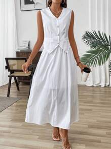 Calvaya Solid Color Front Button Vest Suit Jacket And Skirt Set