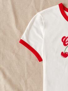 SHEIN EZwear Cherry & Letter Graphic Contrast Binding Crop Tee