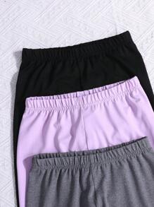 SHEIN Leap Crew 3入組簡單針織純色印花圖案運動休閒緊身褲，適用於少女 - 淡紫色 - 查看 4
